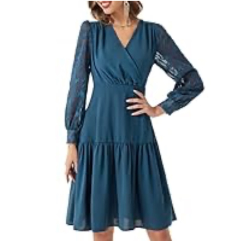 GRACE KARIN Women Elegant Party Knee Dress V Neck Mesh Long Sleeve